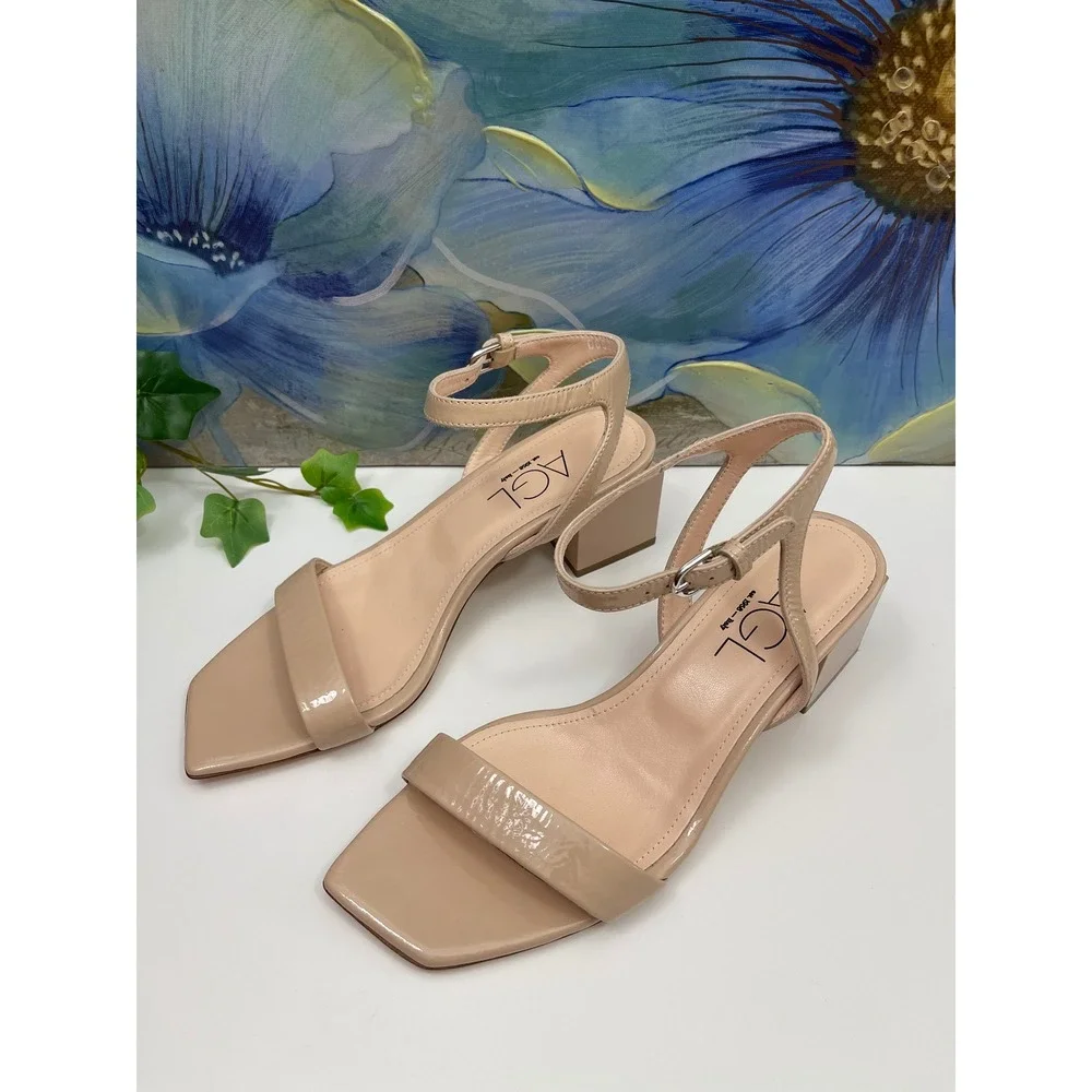 AGL Nude Patent Leather Square Toe Block Heel Sandals Size 39 / US 9